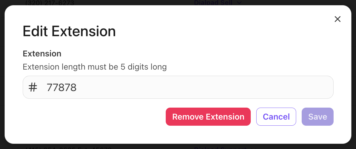 Editing phone extension with a prompt for five-digit length requirement.